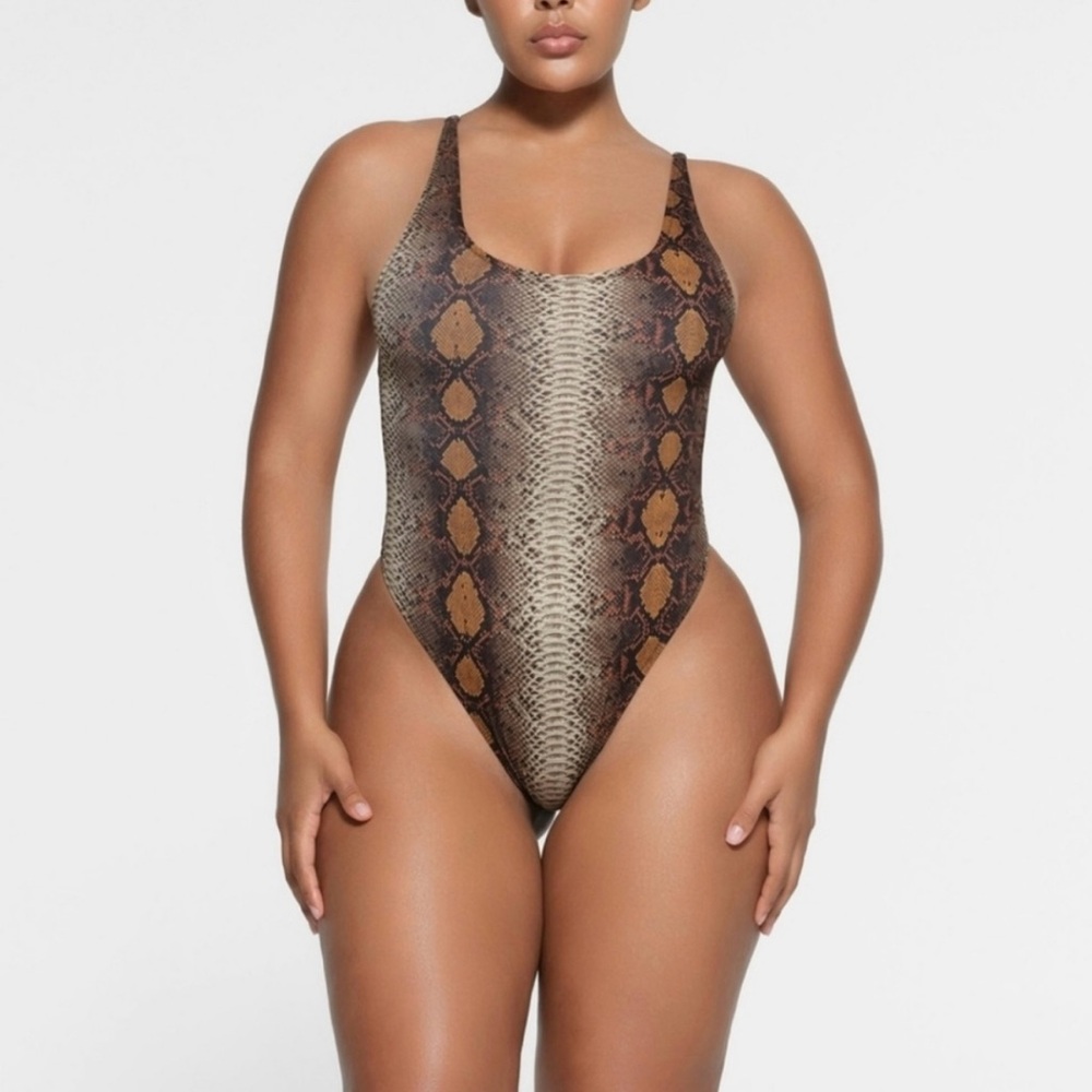 SKIMS Brown Snakeskin One-Piece Swimsuit
